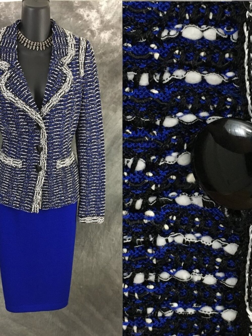BEAUTIFUL St John knit blue black white multi jacket skirt suit sz 6